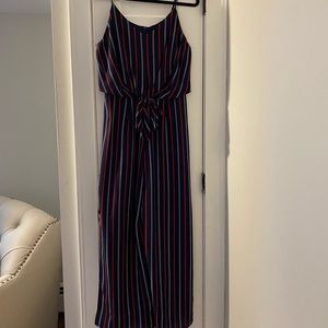 Red White Blue stripe flare leg slit jumpsuit